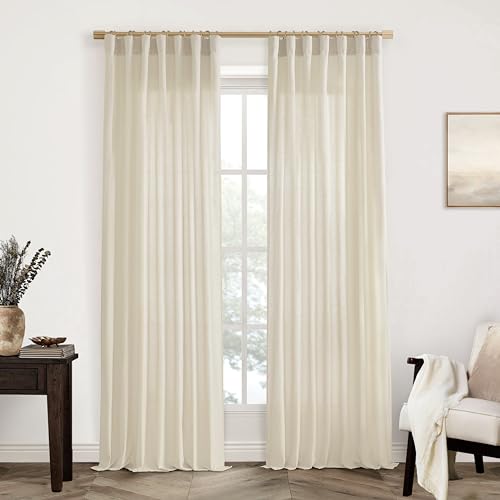 XTMYI Beige 105 Inches Long Country Curtains for Living Room,Sheer Linen Curtains for Bedroom