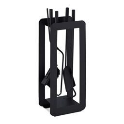 Relaxdays 5-Piece Fireplace Companion Set Steel Utility Accessories, Modern, Stand, Tongs, Shovel, Poker & Broom, Black