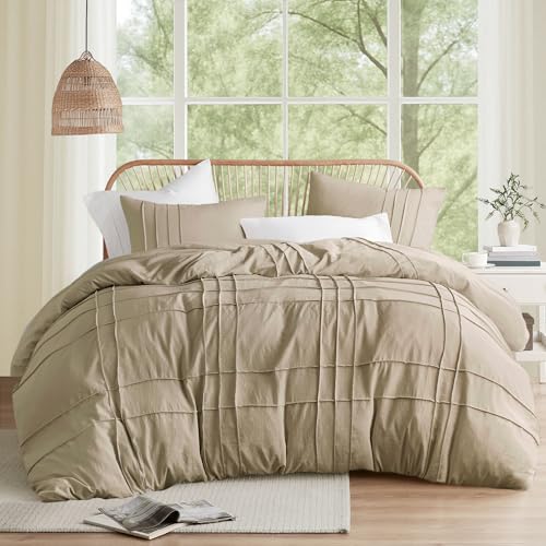 Comfort Spaces Khaki King Size Comforter Set - 3 Pieces Pintuck Pleated Bedding Sets King, All Season Lightweight, Extra Softness Pre-Washed Microfiber King Bed Set, Shams, King
