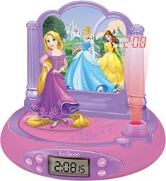 LEXIBOOK, Disney Princess Rapunzel, Projector Alarm Clock for kids, Nightlight and time projection to the ceiling, Sound Effects, Battery-powered, Pink, RP515DP