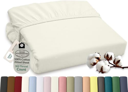 ROYALE LINENS 300 Thread Count 100% Long Staple Combed Cotton Fitted Sheet King - Super Soft Deep Pocket Bottom Sheet - Fitted Sheets Only - Elastic Sheets (King, Ivory)