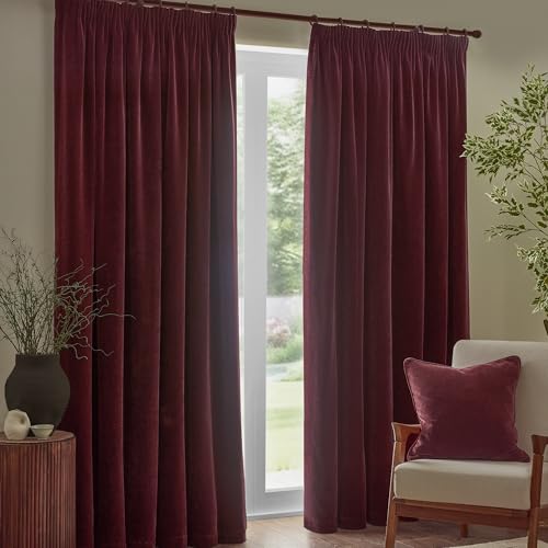 Yard Heavy Chenille Pencil Pleat Curtain Pair – Lined Room Darkening Soft Velvet Curtains (Beetroot – Width 117 x Drop 137cm)