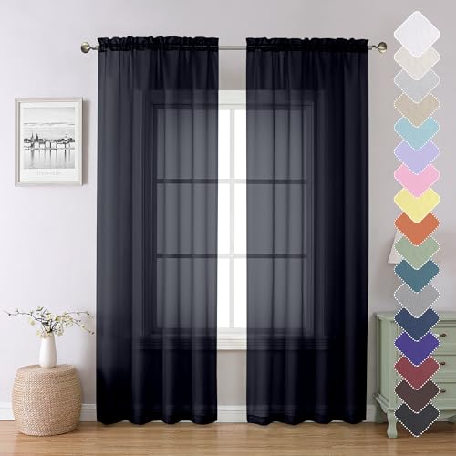 "Lecloud 80"" Long Sheer Black Curtains, 2 Panels, Solid Voile Light Filter, Breathable Window Treatments for Living Room, Bedroom, Lightweight Breathable Curtains with"