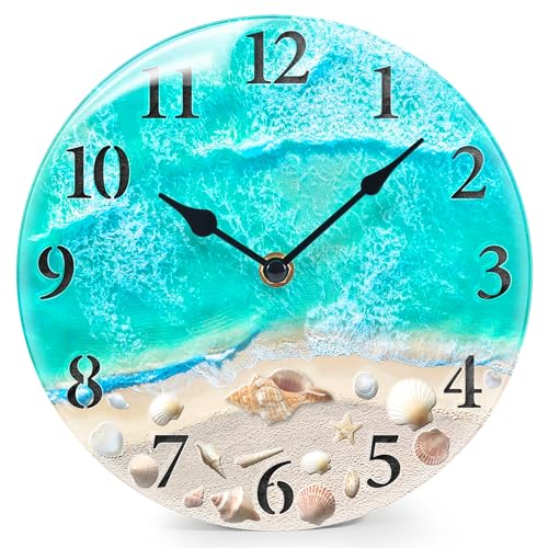 Coastal Beach Wall Clock 8in Teal Seashell Battery Silent Bathroom Decor - Nautical Glass Non Ticking Quartz Aesthetic Decorative Clock For Home, Kitchen, Living Room, Office