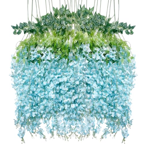 WONICE Artificial Flowers Hanging Flowers, Fake Wisteria Flower Garland Silk Vines Rattan String Decor for Home Wedding Arch Wall Garden Greenery Bedroom Outdoor Office Party Decoration (36, Blue)