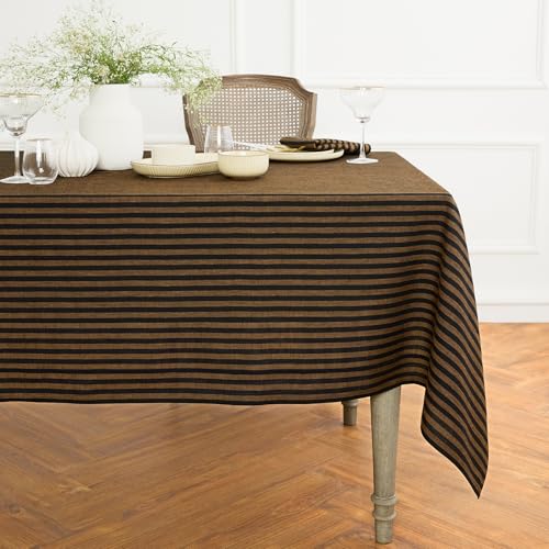 Solino Home 100% Pure Linen Tablecloth, 60 x 108 in, Brown and Black Stripe - Amalfi Stripe Striped Table Cloth for dining and entertaining woven stripe design Brown Sugar and Black OEKO-TEX Certified