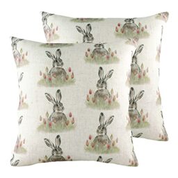 furn. Evans Lichfield Hedgerow Hare Repeat Polyester Filled Cushions (Twin Pack), Polyester, Linen, White
