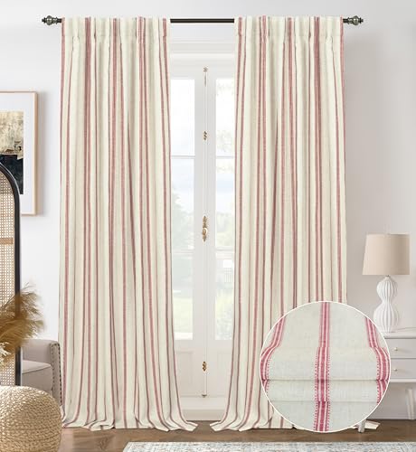 DriftAway Farmhouse Stripe Blackout Curtains, W52xL108, Red - Blackout, Linen Texture, Stripe Pattern, Rod Pocket & Back Tab, Two Layers, Bedroom Living Room Use, Sound Reducing Design