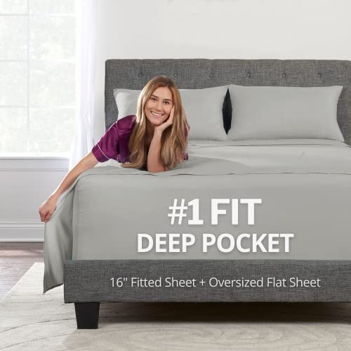 Deep Pocket Queen Bed Sheets ??? 4-Piece Includes: Real 16??? Inch Extra Deep Pocket Fitted Sheet [Best-Fit for 14???-18 Mattress] ??? Oversize Flat Sheet ??? 1 Zipper Closure Pillowcase ??? Silver Light Gray