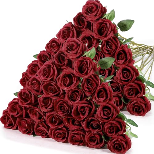 Hotop 40 Pcs Rose Artificial Flowers Bulk with Long Stem,Realistic Silk Fake Roses Bouquet for Home Wedding Centerpieces Party Table Decoration Valentines Gifts(Wine Red)