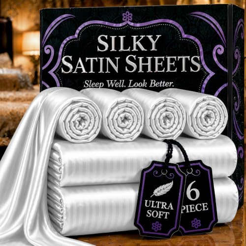 DECOLURE Striped Satin Sheet Queen Set 6pc - Luxurious Silk Feel Sheets Queen - All-Season Satin Silky Soft Queen Size Satin Bed Sheets w/Deep Pocket Fitted Sheet, Flat Sheet and Pillowcase (White)