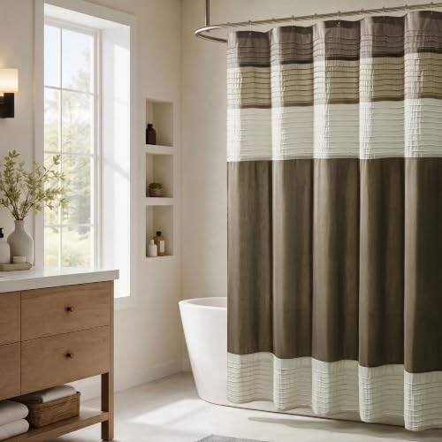 Madison Park Amherst Faux Silk Shower Curtain, Modern Striped Microfiber Shower Curtain, 72 x 84 inch, Natural