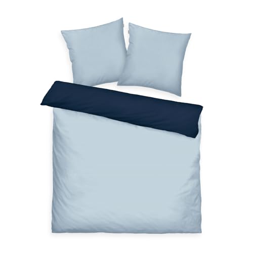Tom Tailor Satin Bed Linen 2 x 80 x 80 cm + 200 x 220 cm, 100% Cotton/Satin, with Double Stitching on Pillow, Reversible Motif and Coloured Brand Zip, TWO Tone Solid Colours Blue (Dark Navy & Sky
