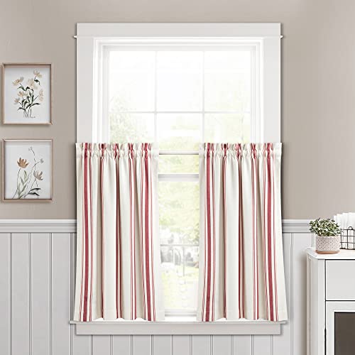 "Lush Decor Farmhouse Stripe Yarn Dyed Recycled Cotton Window Curtain Kitchen Tiers, 29"" L x 36"" W, Red"
