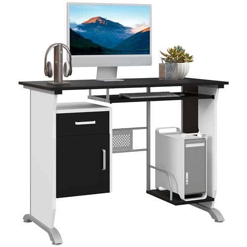 HOMCOM Computer Desk with Sliding Keyboard Tray, Storage Drawers and Host Box Shelf, Home Office Desk, Study Workstation, 100 x 52 x 75cm, Black
