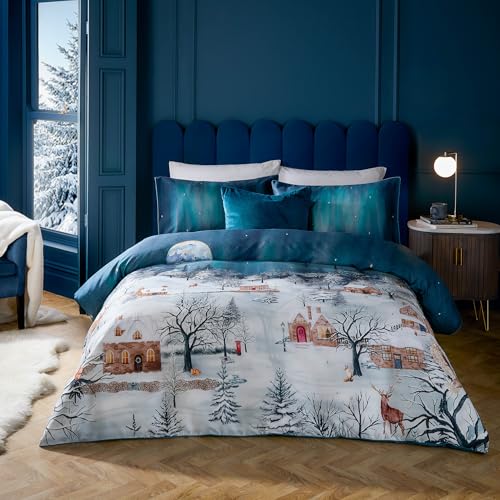 Paoletti Starlight Duvet Cover Set – Luxury 200 Thread Count Cotton Sateen Winter Village Piped Bedding Set (Midnight Blue - Double)