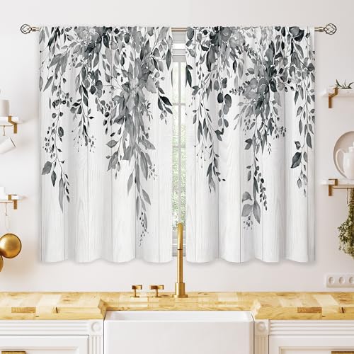 oolygoo Farmhouse Grey Eucalyptus Small Kitchen Curtains Leaves Window Treatment Black White Wooden Cafe Short Curtains for Bathroom Dining Laundry Room Botanical Tier Treatment Drapes 27.5x39 inch