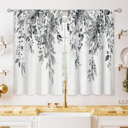 oolygoo Farmhouse Grey Eucalyptus Small Kitchen Curtains Leaves Window Treatment Black White Wooden Cafe Short Curtains for Bathroom Dining Laundry Room Botanical Tier Treatment Drapes 27.5x39 inch