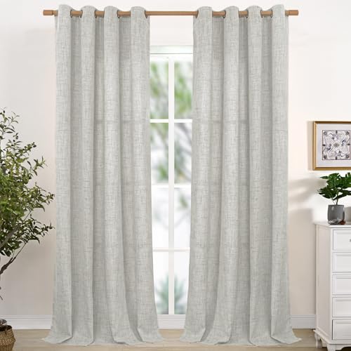 YoungsTex Extra Long Linen Curtains 102 Inch Length for Living Room, Light Grey Light Filtering Drapes with Bronze Grommet Privacy for Dining Bedroom, 52 x 102 Inch, 2 Panels