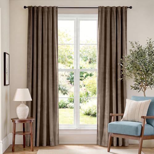 "Lazzzy Velvet Blackout Curtains Thermal Insulated Room Window Drapes Super Soft Luxury Curtains for Living Room Bedroom Rod Pocket 2 Panels, Truffle, 52"" W x 84"" L"