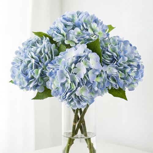 JPSOR 4pcs Blue-Green Hydrangea Artificial Flowers, 21in Real Touch Hydrangeas Flowers, Lifelike Fake Hydrangea Flower for Home Decor Party Floral Arrangements Wedding Bouquets Centerpieces