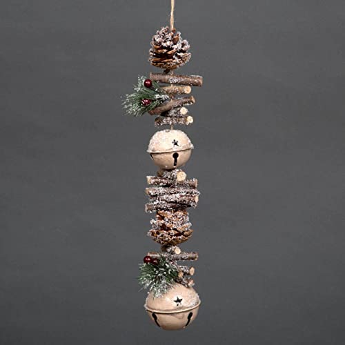 SHATCHI 50cm Garland with Cream Jingle Bells Wooden Sticks, Berries and Pinecones Christmas Home Wall Door Hanger Sleigh Bells Xmas Holiday Hanging Decorations