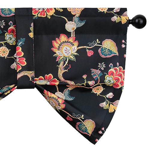 Leeva Tie-up Shade Curtains Valance for Bedroom, Rustic Flowers Pattern Light Filtering Rod Pocket Window Treatment Valances for Living Room Kitchen Bathroom, One Panel, 52x18, Black