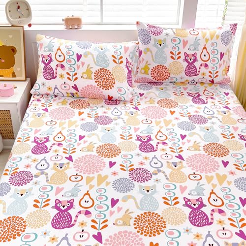 Homilay Kids Queen Sheet Sets - 4 Piece Kitten Breathable Soft Microfiber Bed Sheets - Easy Fit Deep Pockets Wrinkle Free - Cartoon Bohemian Cozy Toddler Bedding Sets for Boys Girls Teens