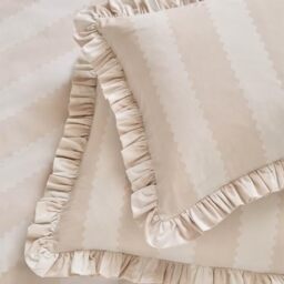 furn. Wylder Birdie Stripe Pillowcase Pair – Reversible Ruffle Edge Cotton Rich Striped Pillow Covers (Oat/Milk – 50x75cm)