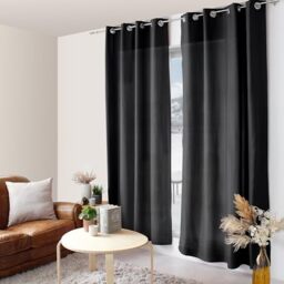 ED ENJOY HOME Black Curtain 140 x 240 cm Metal Eyelets Microfibre Fabric Cotton Voile Look for Bedroom and Living Room