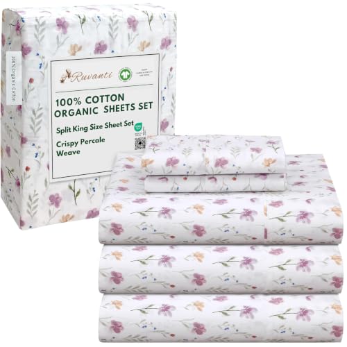 Ruvanti 100% Organic Cotton Percale Sheet Set Split King, Obsessed Stems - Sharp Cooling for Warm Sleepers, Deep Pocket 15in, Soft Peach Finish, Breathable and Durable Hotel Style, 5pcs