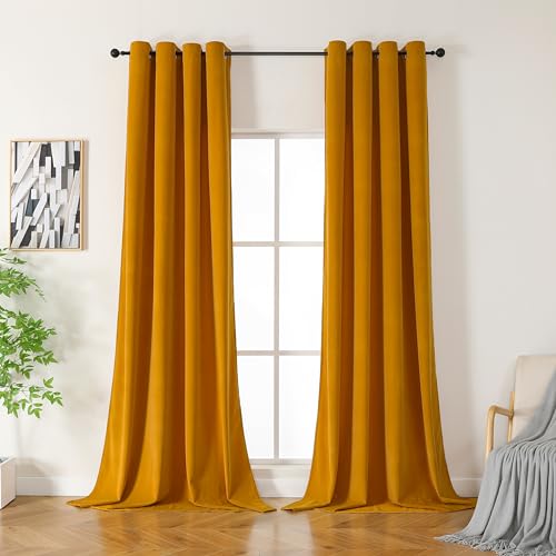 CUCRAF Velvet Curtain with Eyelets, Set of 2, Opaque and Opaque Curtains, H 225 x W 140 cm, Luxury Heat-Insulating Curtains for Living Room and Bedroom (Yellow)