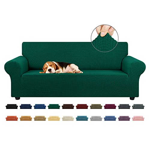"KEKUOU Stretch Sofa Cover Slipcover ???Couch Covers for 3 Cushion Couch Sofa (79""-94"") Furniture Protector 3 Seater Sofa with Elastic Bottom for Kids,Dog, Jacquard Small Checked(Large,Hunter)"