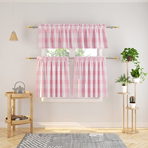 "Natus Weaver 3 Pc Cotton Classic Country Farmhouse Kitchen Window Curtain -Pink & White Buffalo Check Tier & Valance Set, 54"" x 18"" / 27"" x 24"""