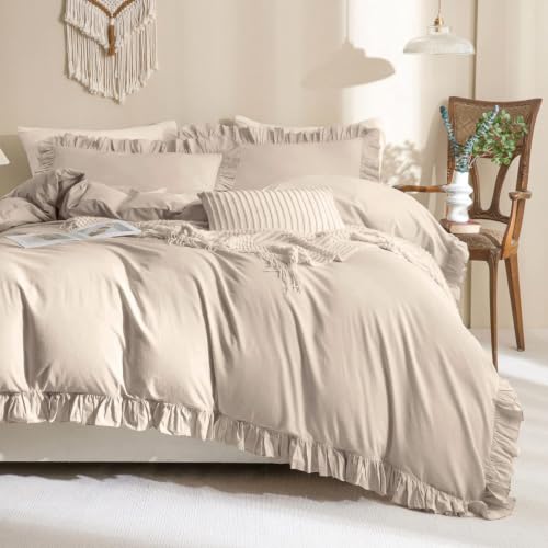 QSH 3Pcs Washed Cotton Ruffle Duvet Cover King Size,Beige Khaki Linen Like Shabby Farmhouse Vintage Boho Chic Comforter Cover French Country Rustic Ruffled Bedding Set Soft Breathable Quilt Cover Set