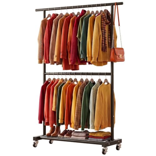 Sywhitta Double Rod Clothing Garment Rack, Rolling Coat Hanger with Bottom Mesh, Clothing Rack for Hanging Clothes, Coats, Skirts, Sweaters, Black