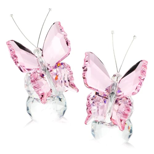 kanpura 2 Pcs Crystal Butterfly Figurines with Clear Glass Ball Base,Glass Butterfly Statues, Crystal Animal Figurines for Home Ornament Decor(Pink)