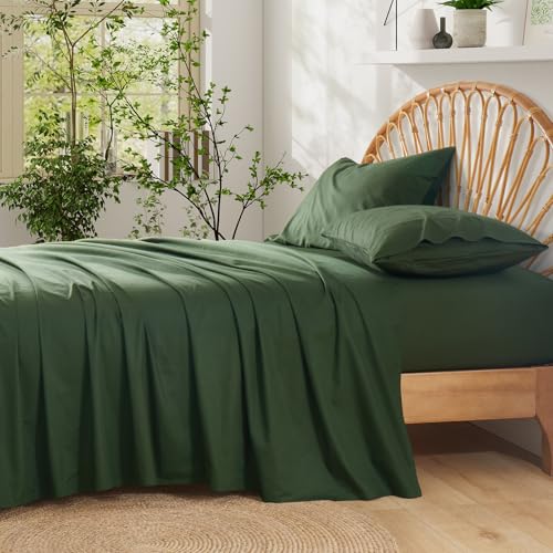 "Entisn Pure Cotton Sheets Twin 3-Pc Set, 400TC, 16"" Pocket, Olive Green - Breathable Year-Round Comfort, Snug Fit with Full Elastic, Machine Washable for Easy Care, Soft Feel Gentle on Skin"