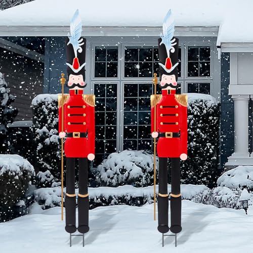 GlikCeil 2 Pcs 6ft Large Metal Christmas Nutcracker Outdoor Decoration Xmas Nutcracker Yard Signs Christmas Tall Metal Soldier Stakes Ornament for Xmas Holiday Garden Lawn Porch Pathway(Red)