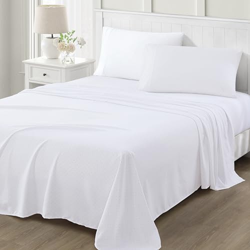 Martha Stewart Ultra Soft Brushed and Washed Microfiber 4 Piece Sheet Set, Easy Care, Deep Pocket Comfy Sheets, 1 Flat Sheet, 1 Fitted Sheet, 2 Std. Pillowcases, Queen Size, White & Blush Pink