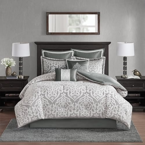 Madison Park All Season Down Alternative Bedding, Matching Shams, Bedskirt, Decorative Pillows, Polyester, Silver Comforter 8pcs, King