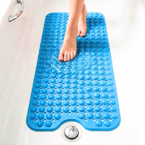 edihome, Non-Slip Bath Mat, 100 x 40 cm, Shower Mat, Non-Slip Shower Mat, Bubbles with Suction Cups, BPA-Free, Antibacterial, Mildew Resistant, Family Safety (Blue, 100 x 40 cm)