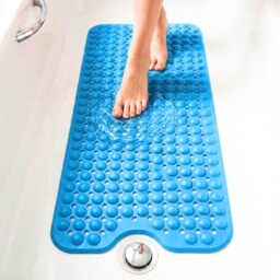 edihome, Non-Slip Bath Mat, 100 x 40 cm, Shower Mat, Non-Slip Shower Mat, Bubbles with Suction Cups, BPA-Free, Antibacterial, Mildew Resistant, Family Safety (Blue, 100 x 40 cm)