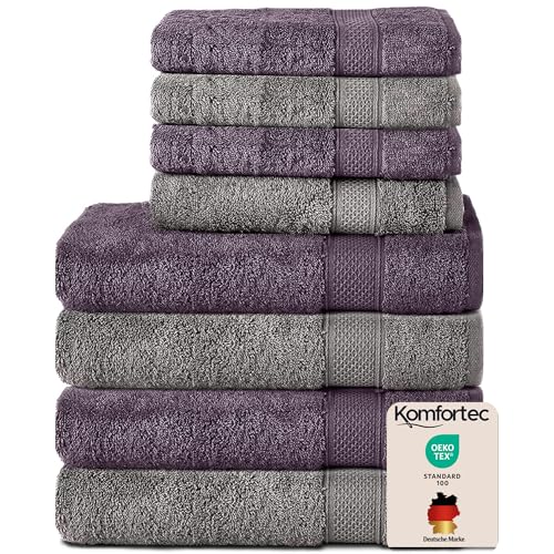 Komfortec Set of 8 Hand Towels 100% Cotton, 4 Bath Towels 70 x 140 cm and 4 Hand Towels 50 x 100 cm, Terry Clothing, Soft, Large, Anthracite Grey/Purple