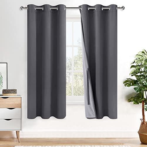 XWZO 100% Blackout Window Curtains - Thermal Insulated & Noise Reduction Black Liner Ring Top Window Treatment Sewn with Tiebacks for Bedroom/Living Room, Dark Grey, W42 x L72, Set of 2