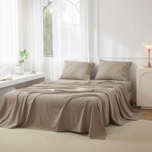 "JIYUAN Cal King Washed Cotton Sheet Set, 4-Piece, Relaxed Linen Feel - Deep Pocket Fits Mattresses up to 17"". Flat Sheet & 2 Pillowcases. Naturally Soft & Breathable. Machine Washable."