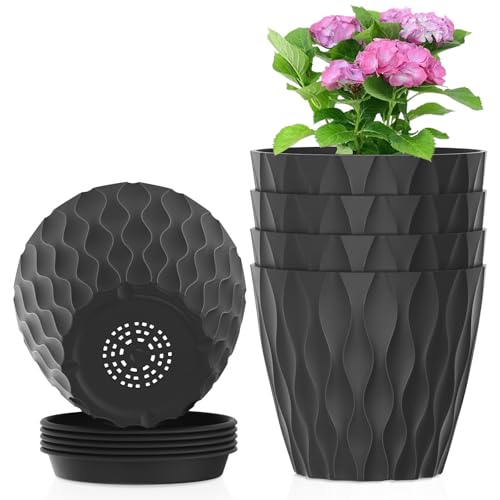 Meowell 6 inch Plant Pots, 5 Pack Flower Pots for Indoor Outdoor Plants, Water Ripples Plastic Planters with Drainage Holes and Saucers, Nursery Pots for Small Succulent Garden House Plants, Black