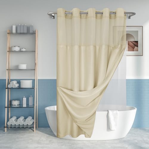 "No Hook Slub Textured Shower Curtain with Snap-in PEVA Liner Set - 71"" x 74""(72""), Hotel Style Beige Shower Curtain with See Through Top Window, Machine Washable & Water Repellent, Linen, 71x74"