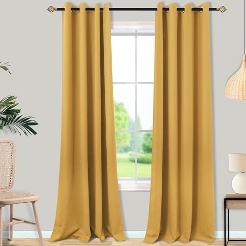 Mrs.Naturall Gold Luxury Blackout Curtains 108 Inch Long for Living Room, Thermal Insulated Heat Light Blocking Drapes for Dining Room Livingroom