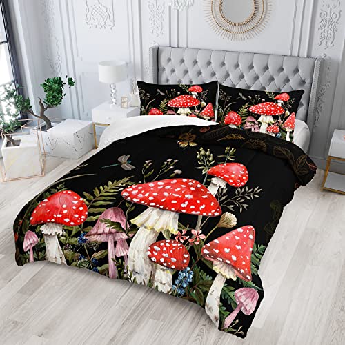 XYNHML Red Mushroom Kawaii Comforter Set Queen Size Kids Mushroom Dragonfly Bedding Set Botanical Plant Theme Print Quilt Bed Set for Boys Girls Adults with 1 Comforter and 2 Pillowcases